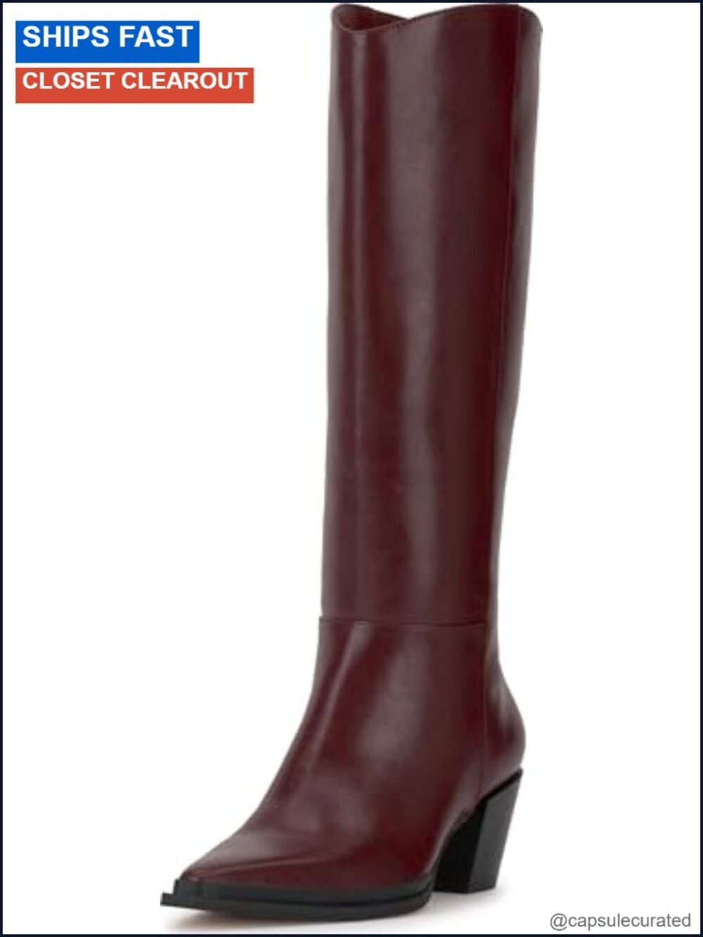 Faux Leather Pointed Toe Knee High Boots Stacked Block Heel
